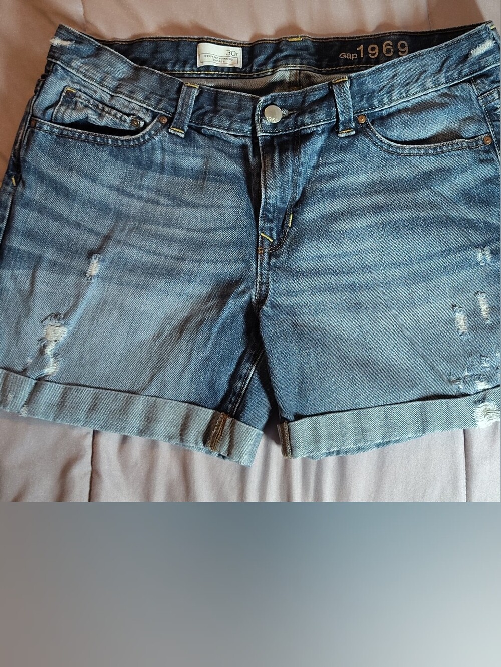 GAP Mid-Blue Distressed Rolled Hem Denim Shorts
